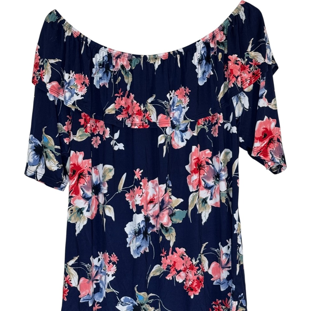 Banabee Womens Off Shoulder Floral Ruffle Top Navy Pink Blue Short Sleeve Size M - Picture 7 of 12